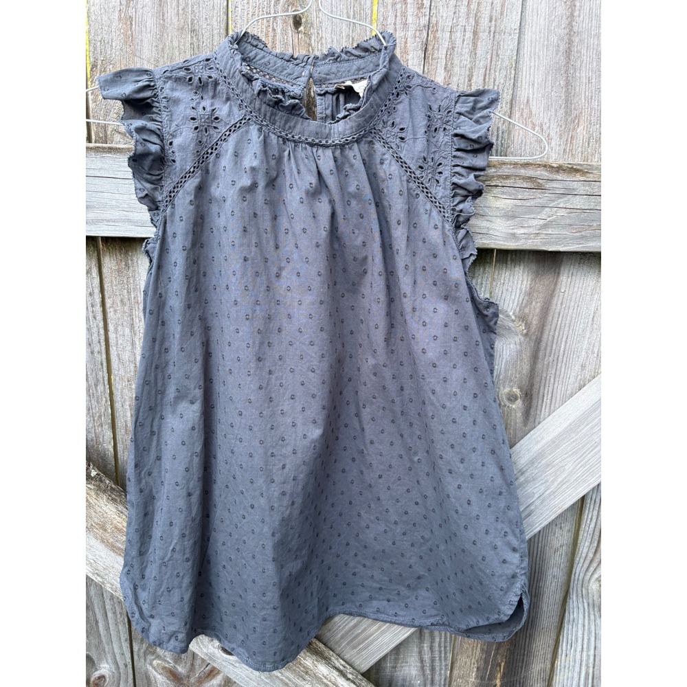 LOFT Petites Grey Cotton Eyelet Swiss Dot Ruffle Neck Sleeveless Blouse XSP